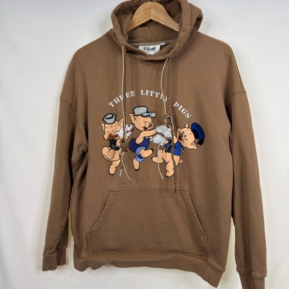 Disney Three Little Pigs Graphic Hoodie Brown‎ Pullover Sweatshirt Size M - Picture 2 of 8